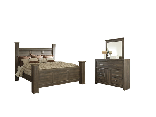 Juararo California King Poster Bed with Mirrored Dresser