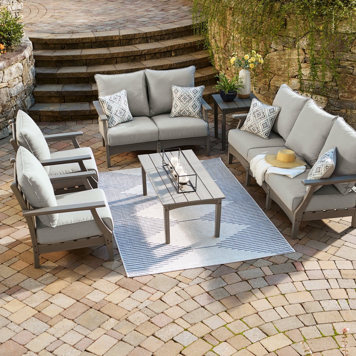 Visola Outdoor Sofa and Loveseat with 2 Lounge Chairs and End Table