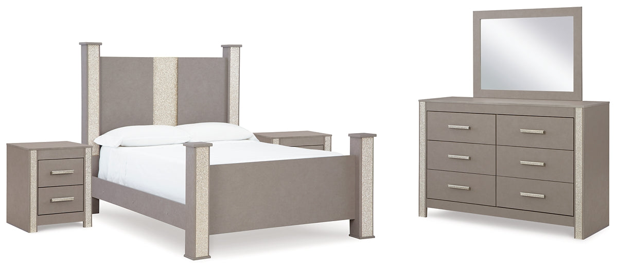 Surancha Queen Poster Bed with Mirrored Dresser and 2 Nightstands