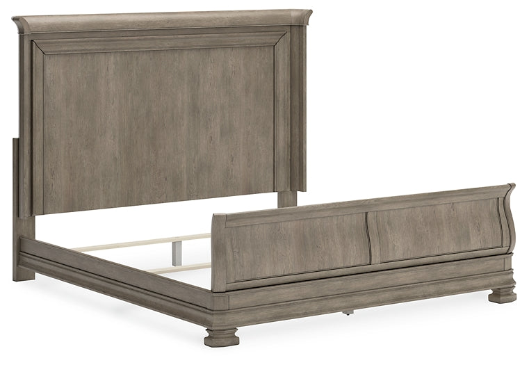 Lexorne California King Sleigh Bed with Mirrored Dresser and Nightstand